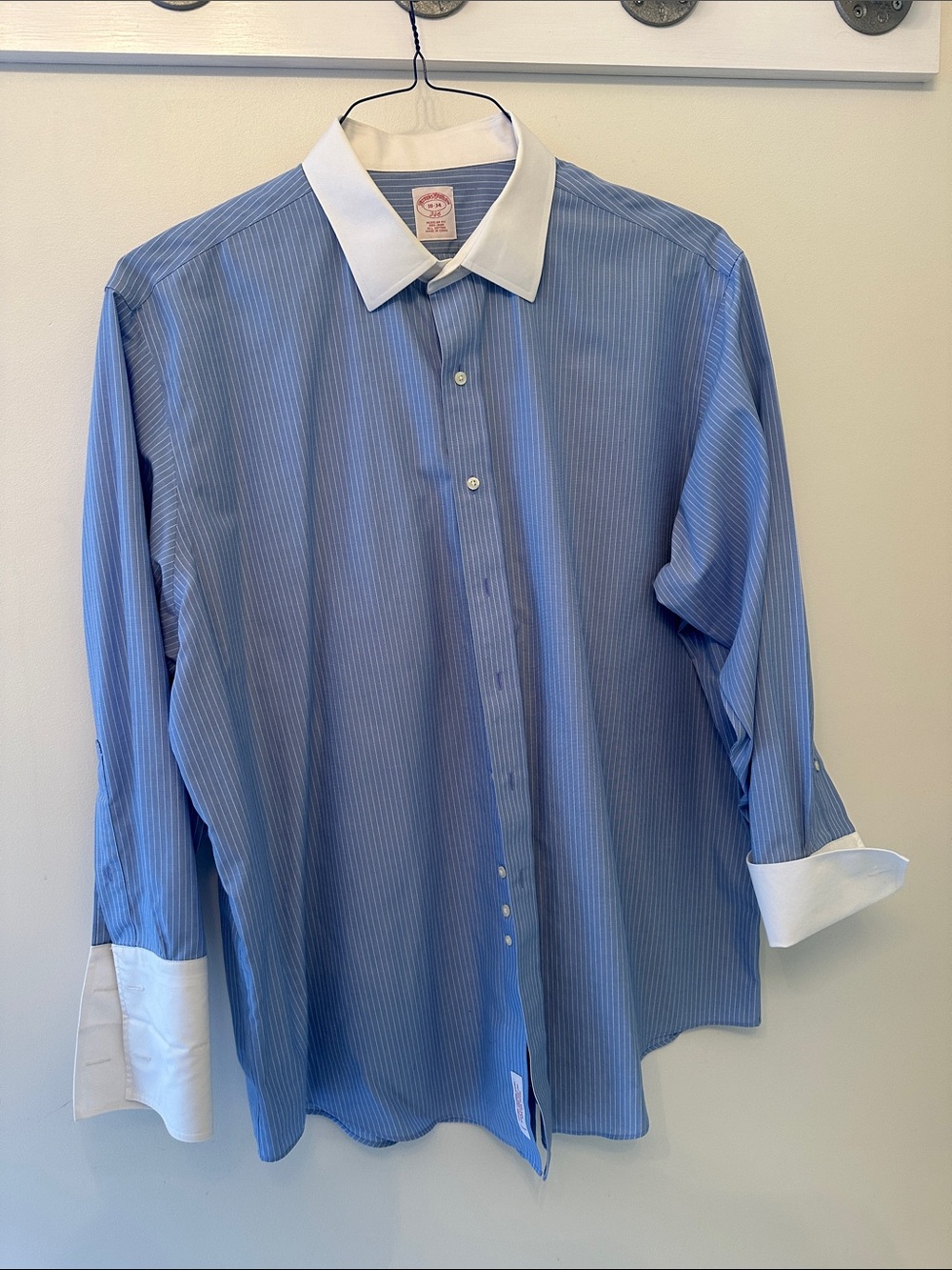 Brooks Brothers Light Blue Pinstripe Dress Shirt with White Collar & Cuffs